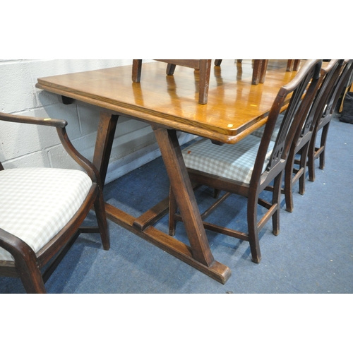 1324 - AN OAK 'A' TRESTLE FRAME DINING TABLE, length 199cm x depth 109cm x height 76cm, and six Georgian ma... 