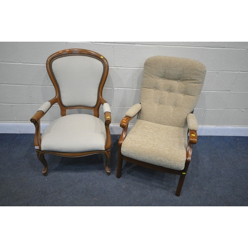 1328 - A VICTORIAN STYLE SPOONBACK ARMCHAIR, with open armrests, along with a wooden and beige upholstered ... 