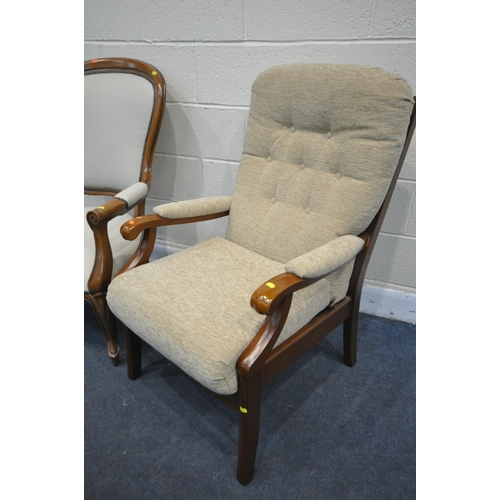 1328 - A VICTORIAN STYLE SPOONBACK ARMCHAIR, with open armrests, along with a wooden and beige upholstered ... 