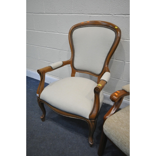 1328 - A VICTORIAN STYLE SPOONBACK ARMCHAIR, with open armrests, along with a wooden and beige upholstered ... 