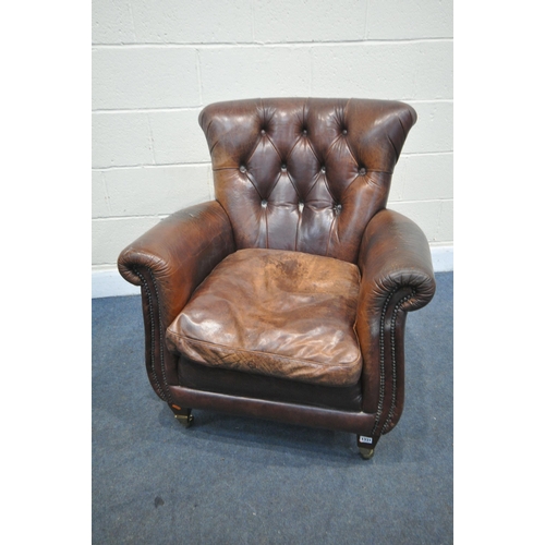 1331 - A BROWN LEATHER BUTTONED ARMCHAIR, on square legs and casters, width 82cm x depth 85cm x height 90cm... 