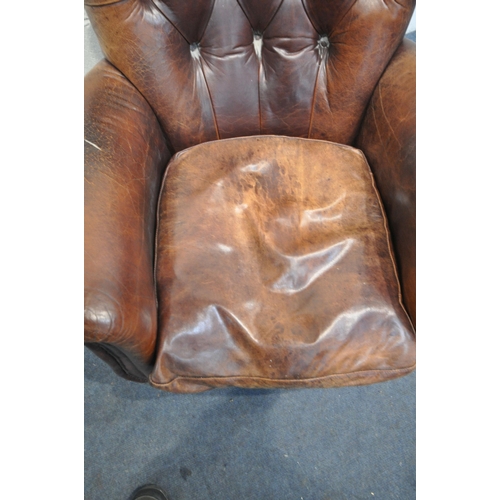 1331 - A BROWN LEATHER BUTTONED ARMCHAIR, on square legs and casters, width 82cm x depth 85cm x height 90cm... 