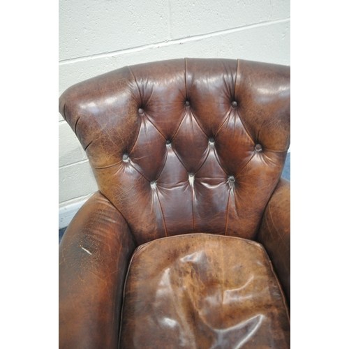 1331 - A BROWN LEATHER BUTTONED ARMCHAIR, on square legs and casters, width 82cm x depth 85cm x height 90cm... 