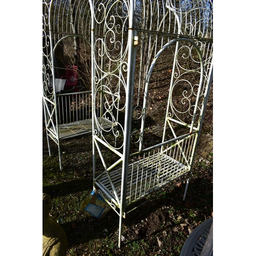 904 - AN ARCHICTURAL WROUGHT IRON GARDEN ROSE ARBOUR, with a seat at each end, width 170cm x depth 93cm x ... 