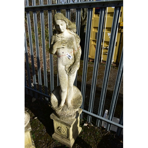 907 - A WEATHERED COMPOSITE GARDEN FIGURE, of a nude lady standing on a shell, on a separate plinth, heigh... 