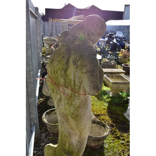 907 - A WEATHERED COMPOSITE GARDEN FIGURE, of a nude lady standing on a shell, on a separate plinth, heigh... 