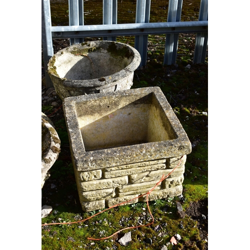 908 - A COMPOSITE SANDFORD STONE BRICK EFFECT SQUARE PLANTER, 35cm squared x height 24cm, two circular tap... 