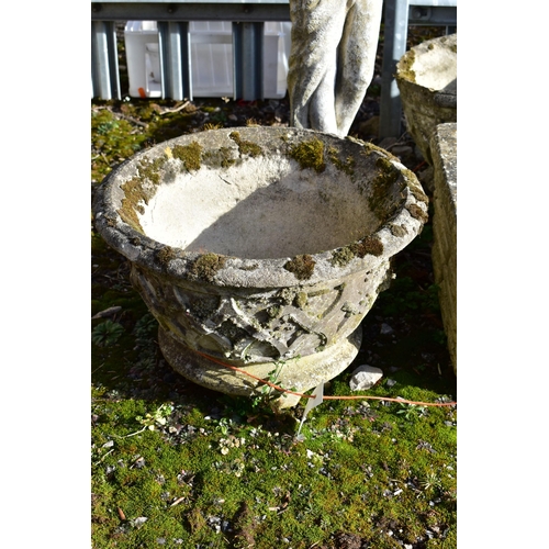 908 - A COMPOSITE SANDFORD STONE BRICK EFFECT SQUARE PLANTER, 35cm squared x height 24cm, two circular tap... 