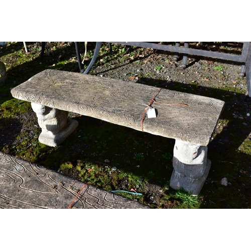 909 - A PAIR OF WEATHERED COMPOSITE TREE EFFECT BENCHES, on twin squirrel shaped bases, length 108cm (cond... 