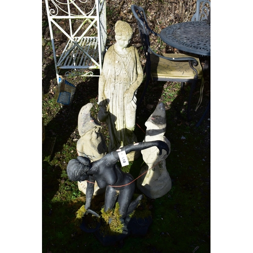 910 - A WEATHERED COMPOSITE FIGURE OF A LADY IN ROBES, height 101cm, two composite Gnomes (condition:-crac... 