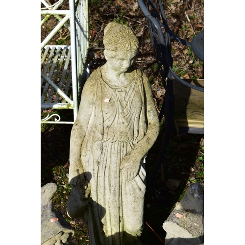 910 - A WEATHERED COMPOSITE FIGURE OF A LADY IN ROBES, height 101cm, two composite Gnomes (condition:-crac... 