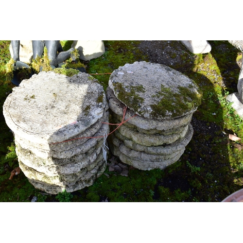 911 - FIFTEEN WEATHERED COMPOSITE TREE STUMP STEPPING STONES