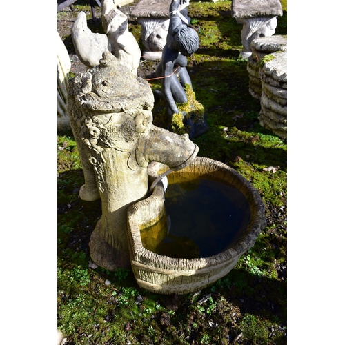 912 - A COMPOSITE WEATHERED WATER FEATURE, of a water pump and bucket, max height 67cm