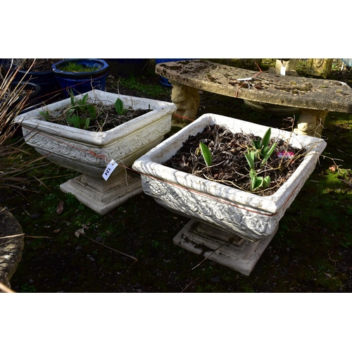 924 - A PAIR OF PAINTED COMPOSITE SQUARE TAPERED PLANTERS, on a square stepped base, 49cm squared x 40cm (... 