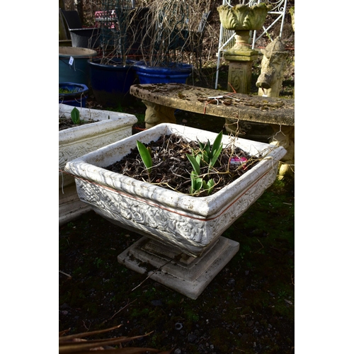 924 - A PAIR OF PAINTED COMPOSITE SQUARE TAPERED PLANTERS, on a square stepped base, 49cm squared x 40cm (... 