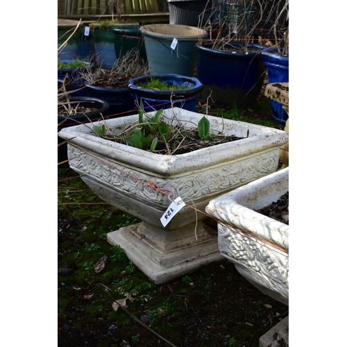 924 - A PAIR OF PAINTED COMPOSITE SQUARE TAPERED PLANTERS, on a square stepped base, 49cm squared x 40cm (... 