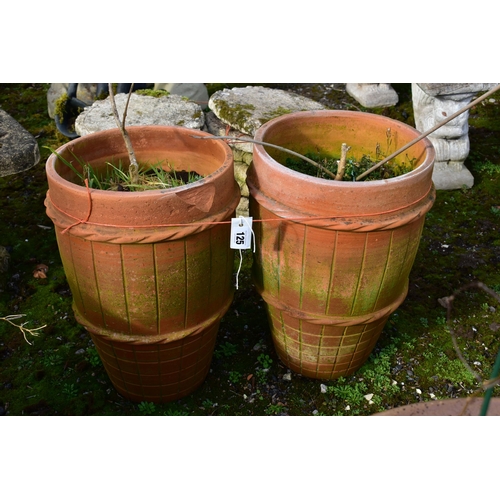 925 - A PAIR OF TALL WEATHERED TERRACOTTA PLANTERS, diameter 36cm x height 50cm (condition:-chips to outer... 