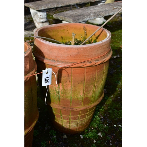 925 - A PAIR OF TALL WEATHERED TERRACOTTA PLANTERS, diameter 36cm x height 50cm (condition:-chips to outer... 