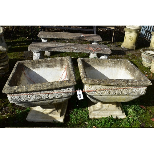 926 - A PAIR OF WEATHERED COMPOSITE SQUARE PLANTERS, on a separate base, 52cm x height 43cm (condition:-no... 