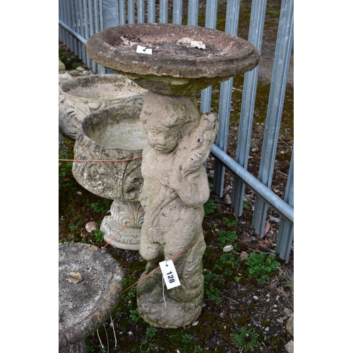 928 - A WEATHERED COMPOSITE FIGURAL BIRD BATH, circular top, on a loose base depicting a putto, diameter 3... 