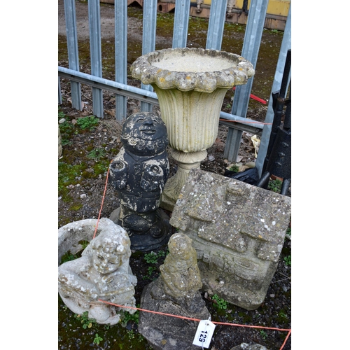 929 - A SELECTION OF WEATHERED COMPOSITE GARDEN ORGAMENTS, to include a tulip shaped urn, figural owl, tha... 