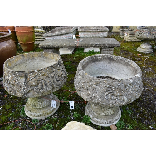 931 - A PAIR OF WEATHERED COMPOSITE PLANTERS, on separate bases, diameter 45cm x height 45cm (condition:-n... 