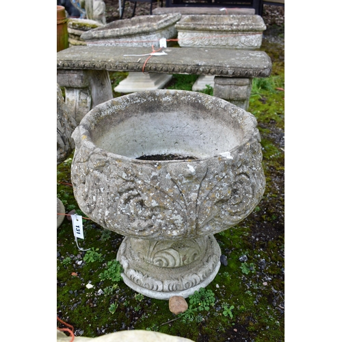 931 - A PAIR OF WEATHERED COMPOSITE PLANTERS, on separate bases, diameter 45cm x height 45cm (condition:-n... 