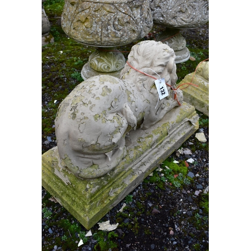 932 - A PAIR OF WEATHERED COMPOSITE LION, length 66cm x depth 29cm x height 42cm (condition:- overpainted ... 