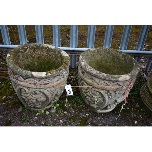 943 - A PAIR OF WEATHERED COMPOSITE CIRCULAR PLANTERS, diameter 41cm x height 39cm (condition:-no apparent... 