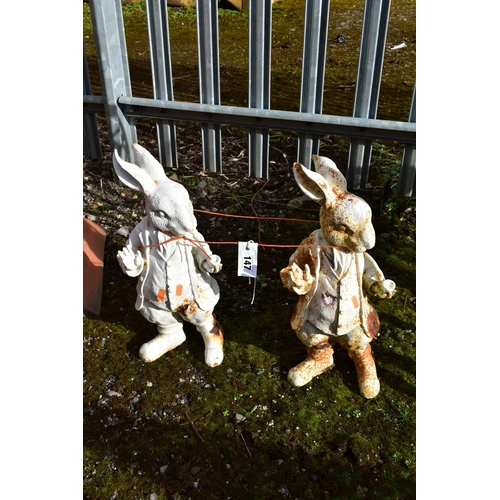 947 - TWO MATCHING PAINTED CAST IRON PETER RABBIT GARDEN FIGURES, height 45cm