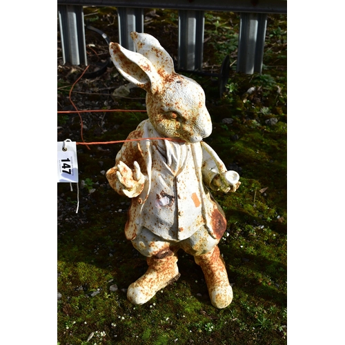 947 - TWO MATCHING PAINTED CAST IRON PETER RABBIT GARDEN FIGURES, height 45cm