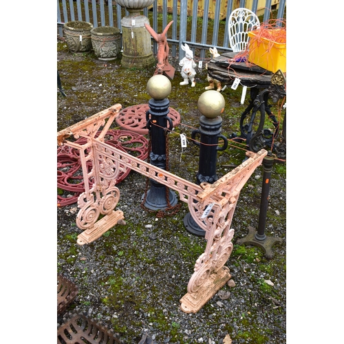 951 - A PINK PAINTED WROUGHT IRON TABLE BASE, length 80cm x 43cm x height 71cm (condition:-distressed and ... 