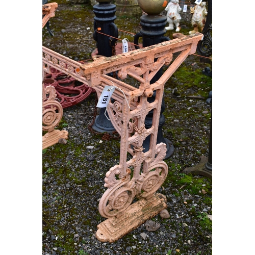 951 - A PINK PAINTED WROUGHT IRON TABLE BASE, length 80cm x 43cm x height 71cm (condition:-distressed and ... 