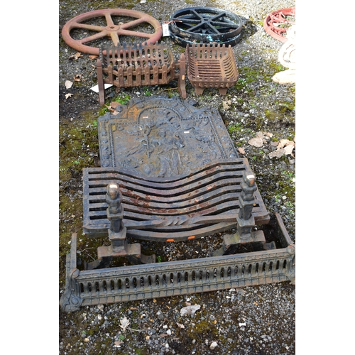 954 - A CAST IRON FIRE PLACE, with grate, pair of andirons and fire back reading PAX and dated 1679, width... 