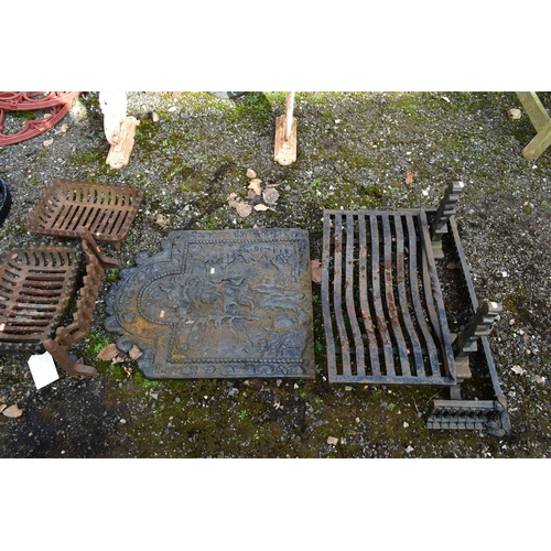 954 - A CAST IRON FIRE PLACE, with grate, pair of andirons and fire back reading PAX and dated 1679, width... 