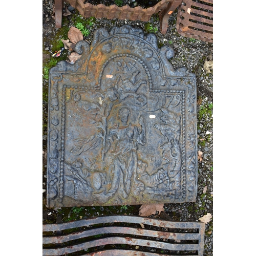 954 - A CAST IRON FIRE PLACE, with grate, pair of andirons and fire back reading PAX and dated 1679, width... 