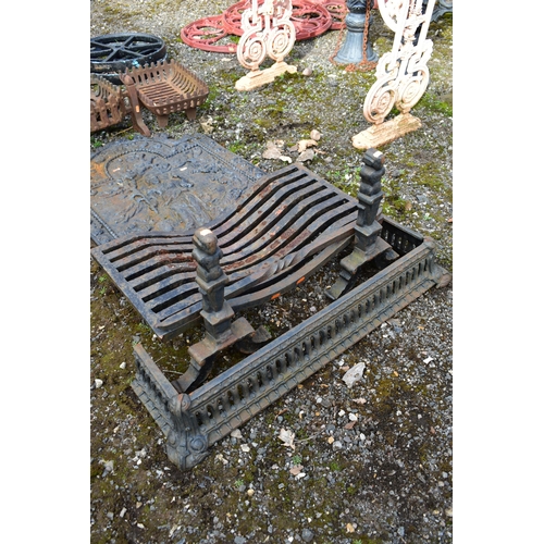 954 - A CAST IRON FIRE PLACE, with grate, pair of andirons and fire back reading PAX and dated 1679, width... 