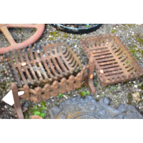 954 - A CAST IRON FIRE PLACE, with grate, pair of andirons and fire back reading PAX and dated 1679, width... 