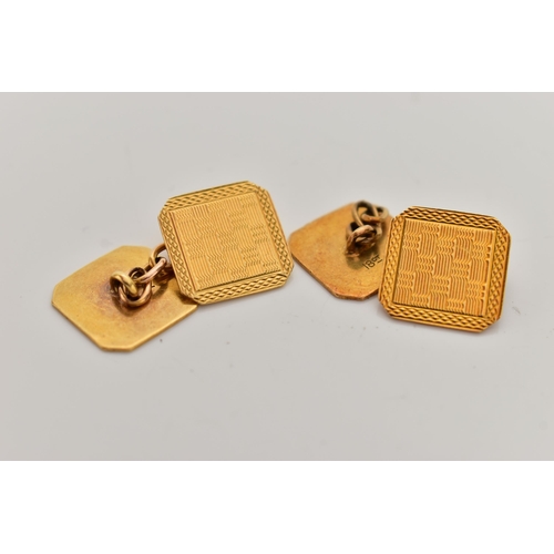 10 - A PAIR OF YELLOW METAL CUFFLINKS, square shape with  cut off corners, engine turned pattern, fitted ... 