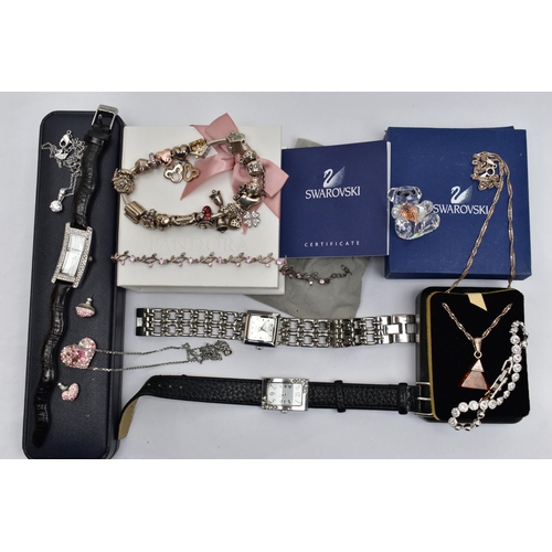 100 - A BOX OF ASSORTED JEWELLERY AND ITEMS, to include a Pandora charm bracelet fitted with seventeen cha... 