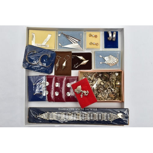 102 - A BOX OF ASSORTED SILVER AND WHITE METAL JEWELLERY, to include a small box of assorted white metal c... 