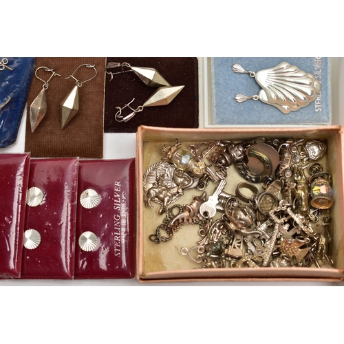 102 - A BOX OF ASSORTED SILVER AND WHITE METAL JEWELLERY, to include a small box of assorted white metal c... 