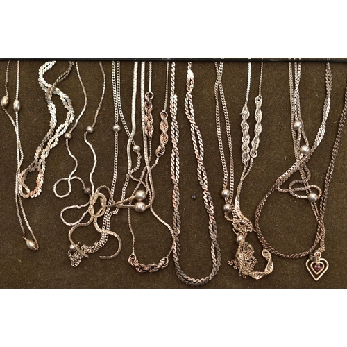 103 - A TRAY OF WHITE METAL CHAINS, twelve chains in total of various styles, all fitted with spring clasp... 