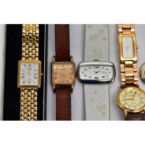 105 - A BOX OF ASSORTED WATCHES, to include a quartz movement ladys gold plated 'Rotary' wristwatch, a lad... 