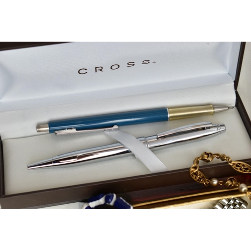 107 - TWO CASED 'CROSS' PENS AND OTHER ASSORTED ITEMS, two ball point pens, together with a 'Papermate' ba... 