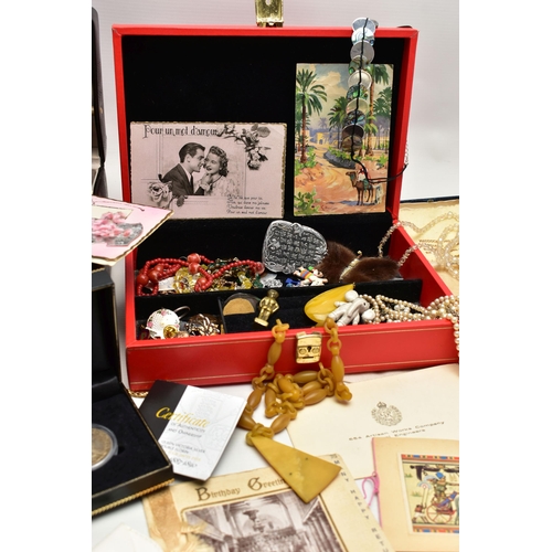 108 - AN ASSORTMENT OF JEWELLERY AND BOXES, to include a heart locket, stamped 9ct back and front, a white... 