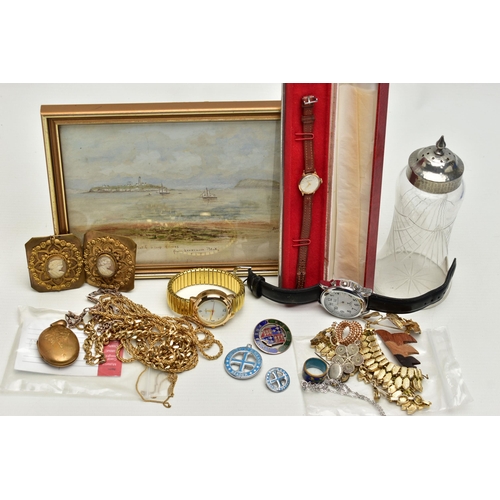 109 - A BASKET OF ASSORTED ITEMS, to include a ladys boxed 9ct gold 'Certina' wristwatch, manual wind, rou... 