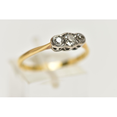 11 - A THREE STONE DIAMOND RING, three old cut diamonds, approximate total diamond weight 0.30ct, set in ... 