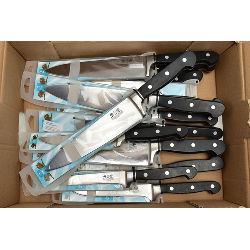 111 - A BOX OF NEW AND PACKAGED KITCHEN KNIVES, twelve in total, to include five 8   chefs knives, two 6  ... 