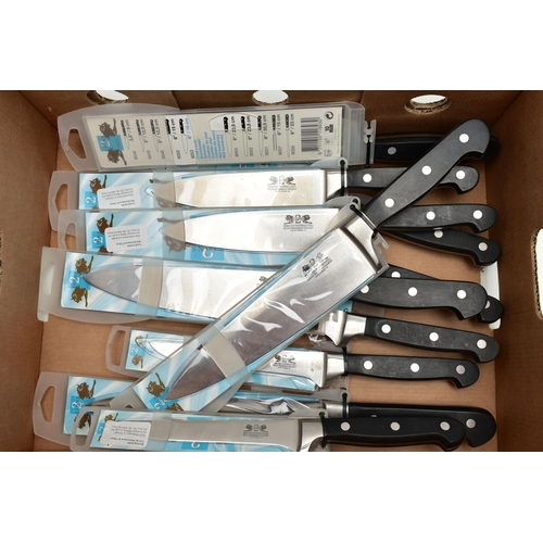 112 - A BOX OF NEW AND PACKAGED KITCHEN KNIVES, twelve in total, to include three  8   chefs knives, three... 